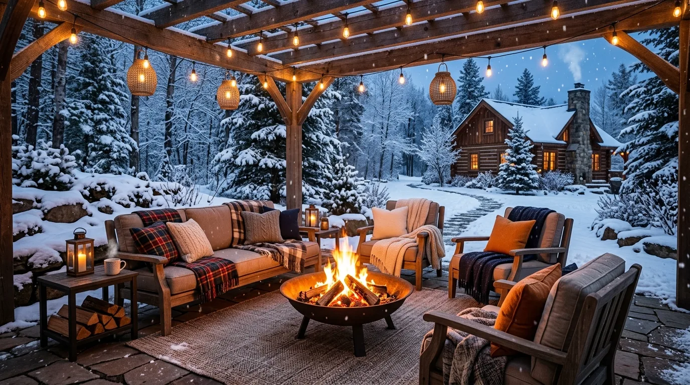 Outdoor winter patio designed as a cozy cold weather retreat.